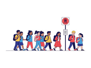 School Bus Stop: A group of children, each with backpacks, waits patiently at a bus stop, signaling the beginning of another school day. capturing the essence of community, education.