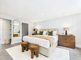 Modern luxury bedroom interior in minimal scandinavian style, 3d render