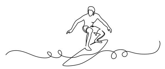 continuous line art of a man surfing a rushing wave isolated with a transparent background
