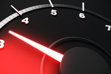Close-up view of a modern speedometer with glowing red needle and black abstract background in a sleek technological design. 3D Rendering