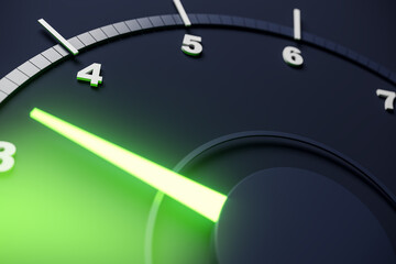 Close-up of glowing green speedometer needle pointing at 4 on a modern dark dial with minimalist design and futuristic background concept. 3D Rendering