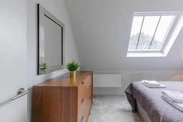 Modern luxury bedroom interior in minimal scandinavian style, 3d render