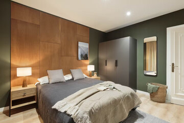 Modern luxury bedroom interior in minimal scandinavian style, 3d render