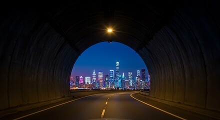 Fototapeta premium View of a futuristic cityscape at the end of a tunnel, perfect for a travel.