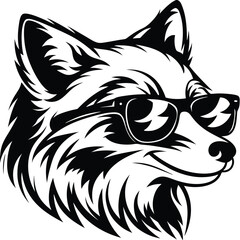 Wolf Head with Sunglasses in Black and White on White Background Art