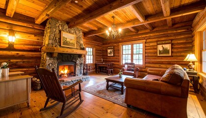 Cozy log cabin living room with fireplace