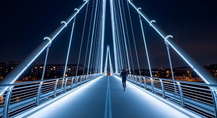 Fototapeta premium Man Running Across Futuristic Illuminated Bridge at Nightcloseup, tradition, warmth, bond, heritage, emotion