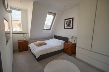 Modern luxury bedroom interior in minimal scandinavian style, 3d render