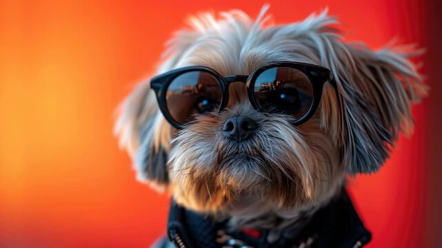 Stylish dog wearing sunglasses poses against a vibrant orange background outdoors