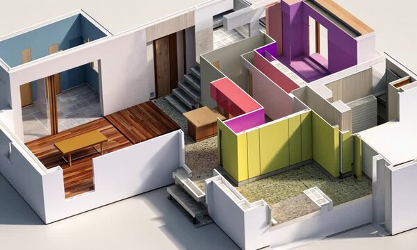 Exploded axonometric view showcasing a home's interior structure, revealing various rooms, flooring, walls, and stairs with colorful accents