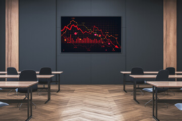 Red stock market crash chart on screen in modern office room with wooden elements and empty desks in corporate interior setting. 3D Rendering