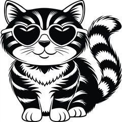 Striped Cat Wearing Heart Sunglasses on White Background