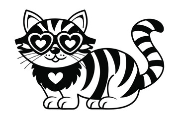 Whimsical Striped Cat with Heart Sunglasses on White Background