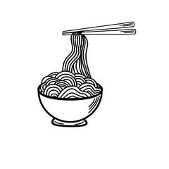 vector illustration of noodles in bowl, Doodle line noodle in the bowl for coloring book, noodle in the chopsticks
