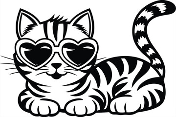 Striped Cat Wearing Heart Glasses, Cute Feline on White Background