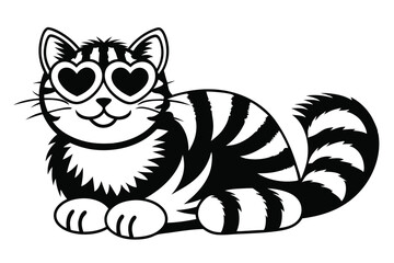 Striped Cat with Heart Sunglasses and Fluffy Tail on White Background Art
