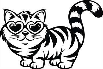 Striped Cat Cartoon Mascot Wearing Heart Glasses on White Background Art