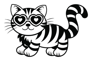 Striped Cartoon Cat with Heart Glasses Adorable Feline on White Background