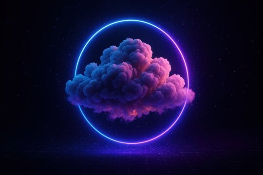 Futuristic 3D cloud formation illuminated by holographic neon ring in cyberpunk night sky, abstract digital art for technology and gaming themes
