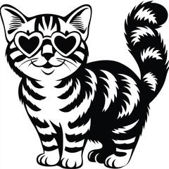 Striped Cat with Heart Sunglasses Isolated on White Background