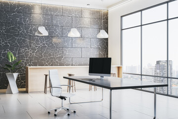 Modern corporate office interior with sleek desk, stylish chair, cracked wall design and cityscape view through large windows. 3D Rendering