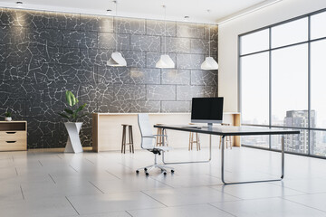 Contemporary empty office interior with modern desk, computer, and stylish wall design in high-rise building workspace environment concept. 3D Rendering