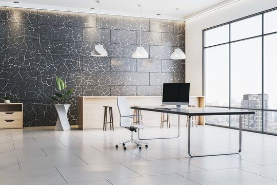 Contemporary empty office interior with modern desk, computer, and stylish wall design in high-rise building workspace environment concept. 3D Rendering