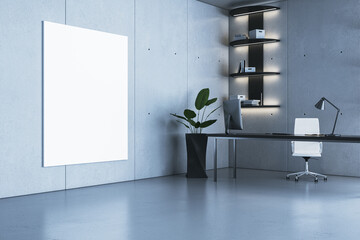 Vertical blank poster mockup displayed on grey office wall in modern corporate workspace with clean design and organized interior decor setup. 3D Rendering