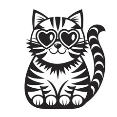 Striped Cat with Heart Sunglasses Black Silhouette on White Background Design