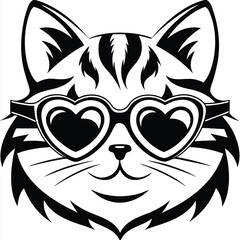 Whiskered Cat in Heart Glasses Black and White on White Background