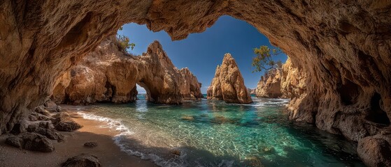 Rocky coastal cave reveals tranquil beach view