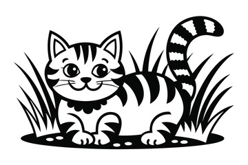 Monochrome of Playful Striped Kitten with Striped Tail on White