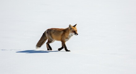 Fototapeta premium A red fox running through the snow showing uma raposa caminhando silenciosamente sobre a neve fresca
