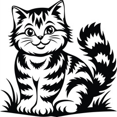 Silhouette Cute Kitten Sitting with Smiling Face and Bushy Tail on White Background