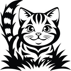Striped Cat with Big Tail Among Grass Vector, Cute Feline Mascot on White