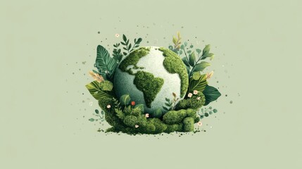 A globe covered in moss and surrounded by various green plants sits in the center, showcasing a harmonious blend of nature and ecological balance in an artistic representation
