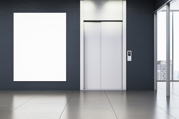Vertical blank poster mockup on dark wall next to closed elevator doors in modern office or hotel hallway interior with city view window. 3D Rendering