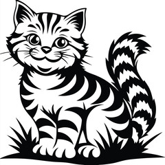 Striped Tabby Cat Sitting in Grass Simple Black and White on White Background