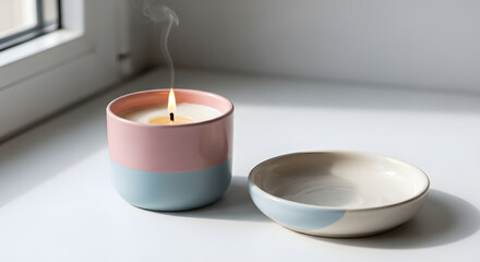 Scented candle and ceramic dish still life