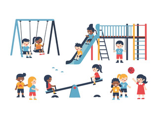 Playground: Children of diverse backgrounds engage in joyful activities in a vibrant and colorful playground, fostering unity and happiness