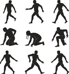 PrintSilhouette of human figures in motion, walking, crawling, kneeling, running, dynamic poses, black and white vector illustration, body movement art