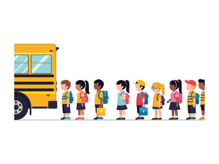 School Bus Queue: A diverse group of children eagerly line up, awaiting their turn to board the iconic yellow school bus. It's a symbolic representation of education, community.