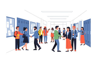 Hallway Gathering: a graphic depiction of various individual engage in lively interactions and informal encounters within a sunlit corridor setting, suggesting camaraderie and collaboration. 