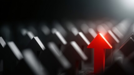 Group of grey arrows on dark surface with one glowing red arrow standing out, symbolizing leadership, individuality, and success in dramatic, high contrast scene