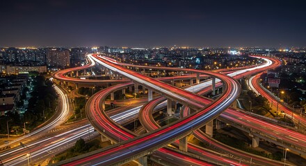 Fototapeta premium Dynamic Urban Interchange A High-Tech Transport Network Showcasing Future Mobility and Seamless Connectivity at Night
