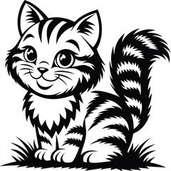 Striped Cartoon Cat Sitting Adorable Feline Friend Pet Animal White Background