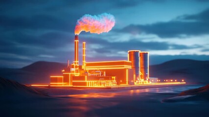 Industrial factory night neon glowing smoke futuristic landscape with glowing industrial factory neon outlines, smoke - Powered by Adobe