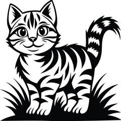 Obraz premium Striped Cat Standing in Grass on White Background Isolated