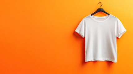 A plain white short-sleeved t-shirt hangs on a black clothes hanger against a vibrant orange background, creating a simple yet striking visual contrast