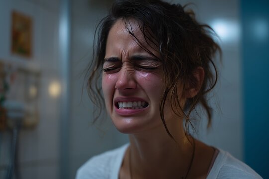 A woman crying with deep emotion, her face contorted in pain and tears streaming down her cheeks. Concept of grief.